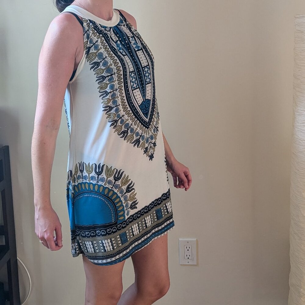 Graphic Print Mini Tie Neck Dress S M White Blue Teal Tribal Tropical Halter - Picture 6 of 7